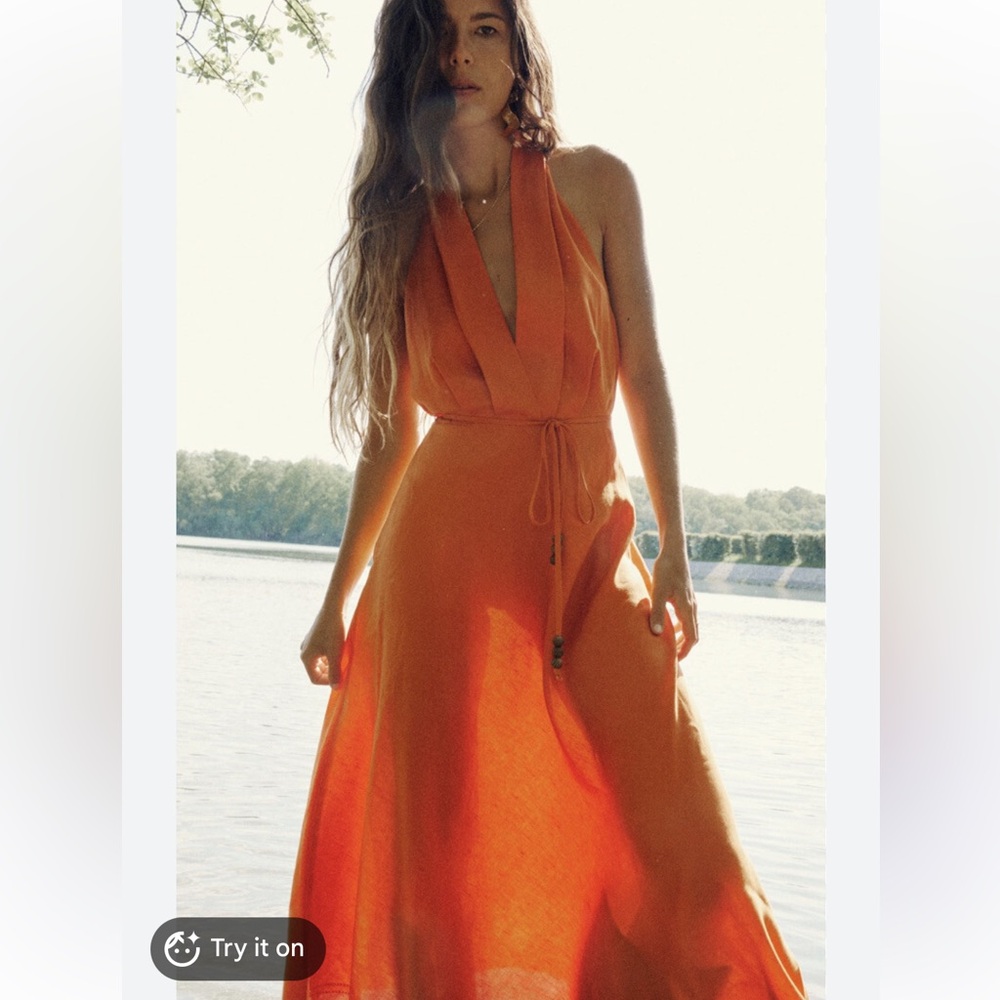 Zara Linen Blend Midi Dress in Burnt Orange